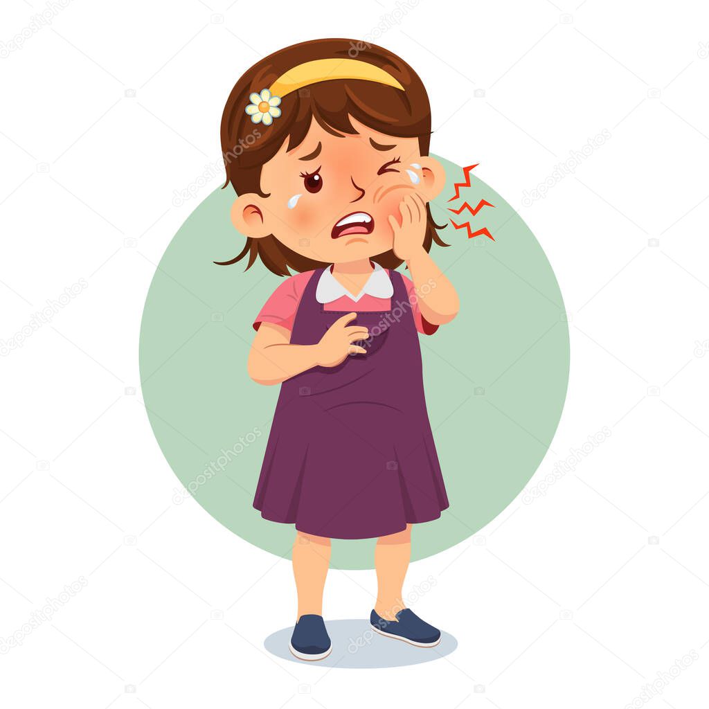 Little girl having toothache. Child holding his cheek. Health problems concept. Cartoon vector illustration isolated on white background.