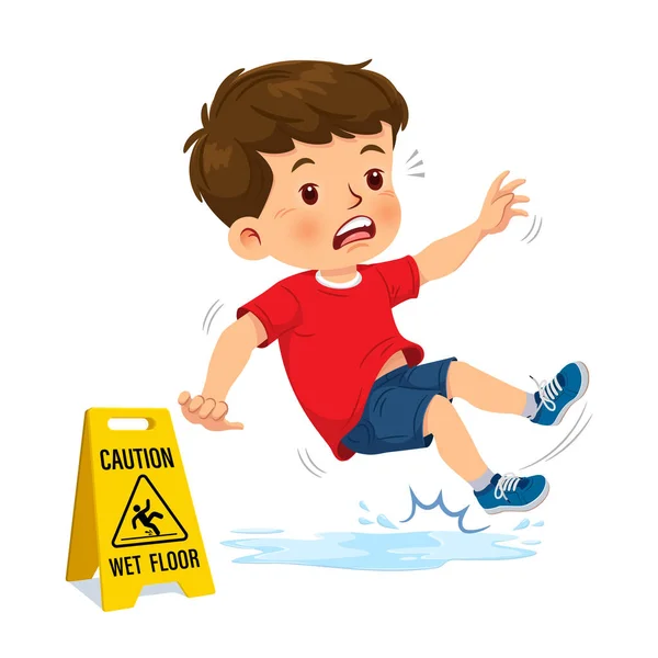 Cute Boy Have Accident Slippery Wet Floor Yellow Caution Sign — Stock Vector