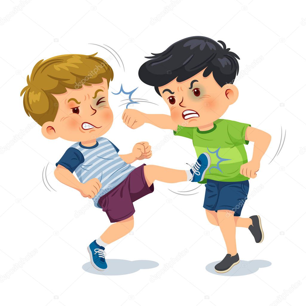 Two boys fighting. Cartoon vector illustration isolated on white background.