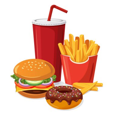 Klasik peynirli burgerli fast food seti, ızgara et, patates kızartması, jöleli çörek ve meşrubat bardağı. Vektör illüstrasyonu beyaz arkaplanda izole edildi