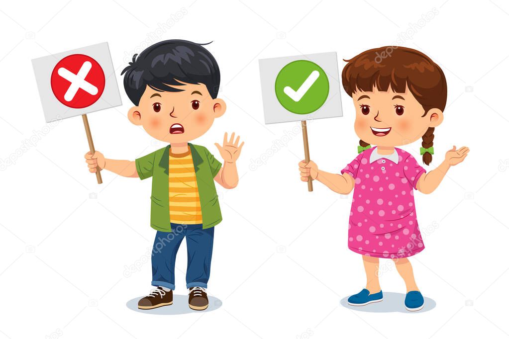 Cute boy and girl standing holding with right and wrong signs. Vector illustration