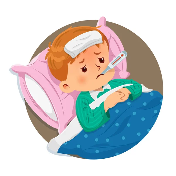 Chory Chłopiec Odpoczywający Łóżku Termometrem Ustach Wysoką Gorączką Ilustracja Wektora — Wektor stockowy