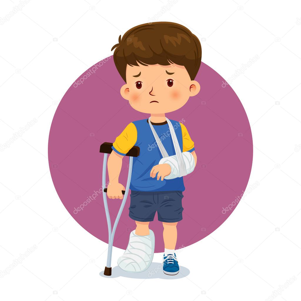 Little boy injured a broken arm and leg, had to be cast, and used on crutches. Vector illustration