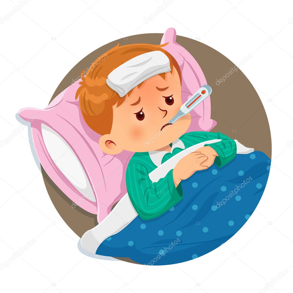 Sick boy resting on the bed with a thermometer in his mouth and high fever. Vector illustration