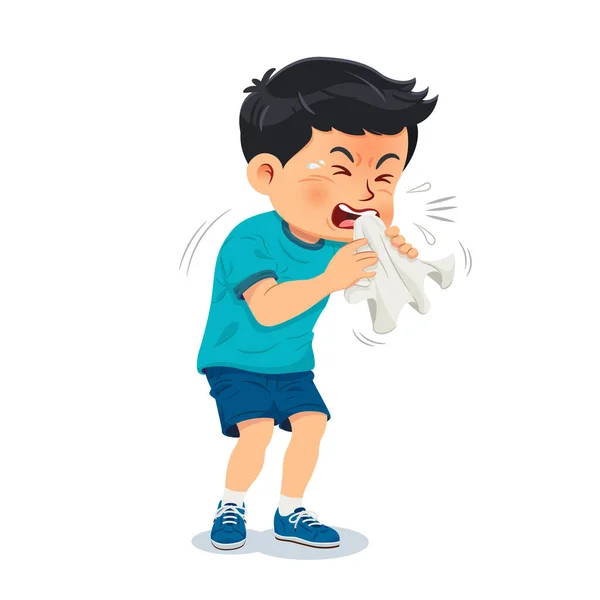 Sick Child Coughing Boy Holds Handkerchief His Hand Vector Illustration — Stock Vector