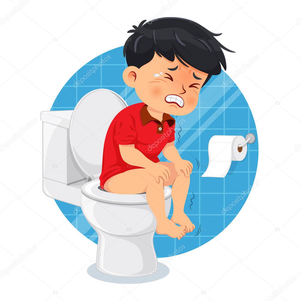 Little boy sitting on the toilet. He has suffered from diarrhea or constipation. Vector illustration