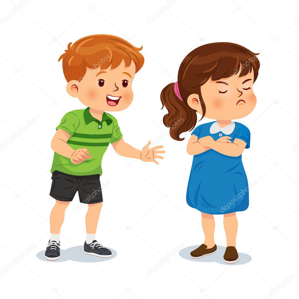 Little girl is angry and dissatisfied with a boy begging for forgiveness alongside her. Vector illustration