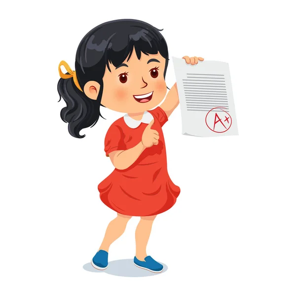 Cheerful Girl Shows Perfect Test Results Including Grade Vector Illustration — Stock Vector