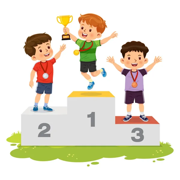 Meninos Felizes Com Medalha Ouro Medalha Prata Medalha Bronze Pedestal —  Vetores de Stock