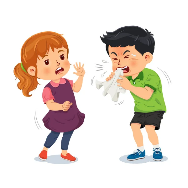 Little Boy Holds Handkerchief His Hand Coughing Friend Sick Child — Stock Vector