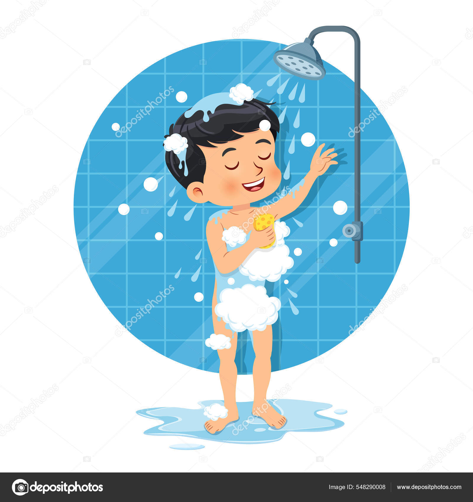 Lindo Chico Está Tomando Una Ducha Baño Ilustración Vectorial