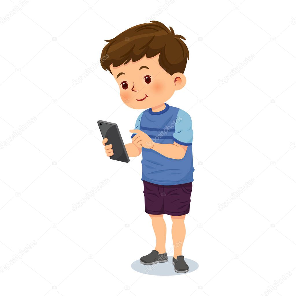 Cute little boy using mobile phone. Vector illustration. Isolated on white background