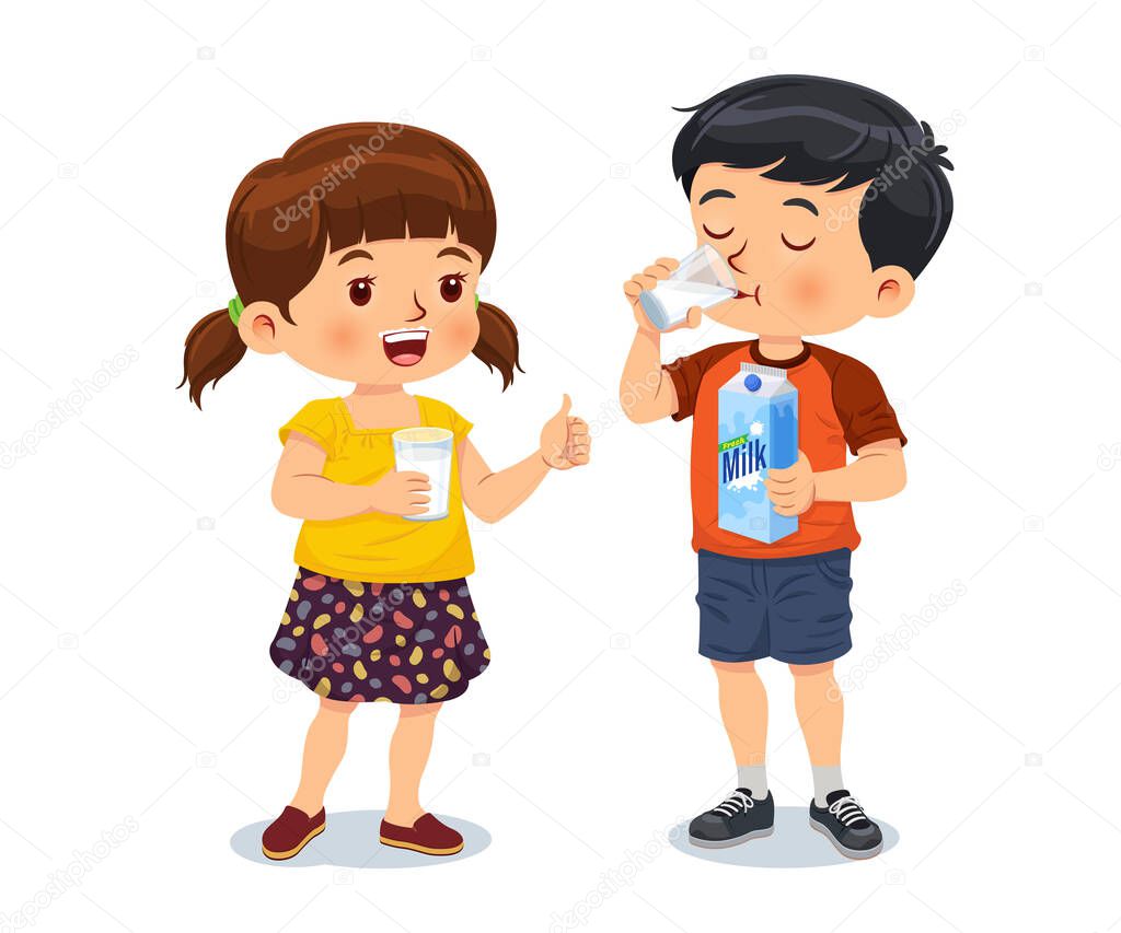 Cute girl holding a glass of milk and giving the thumbs up to a boy drinking milk. Vector illustration