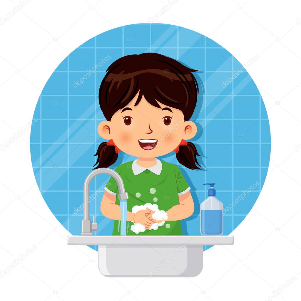Cute little girl wash his hands in the sink with soap for cleanliness and healthcare. Health care concept. Vector illustration