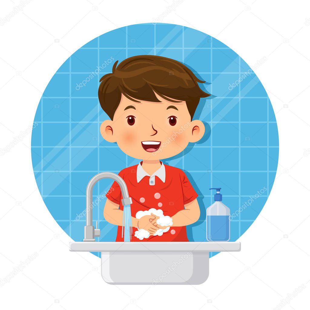 Cute little boy wash his hands in the sink with soap for cleanliness and healthcare. Health care concept. Vector illustration