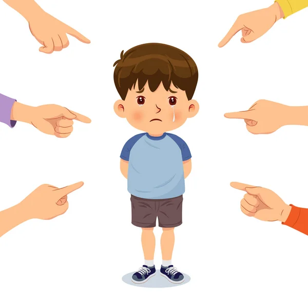 Sad Boy Crying Surrounded Hands Surrounding People Pointing Him Concept — Stock Vector