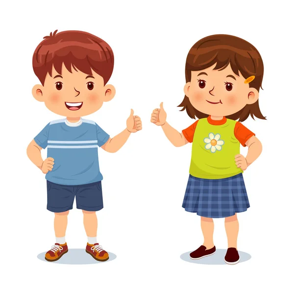 Little Boy Girl Give Thumbs Happy Look Vector Illustration Isolated — Stock Vector