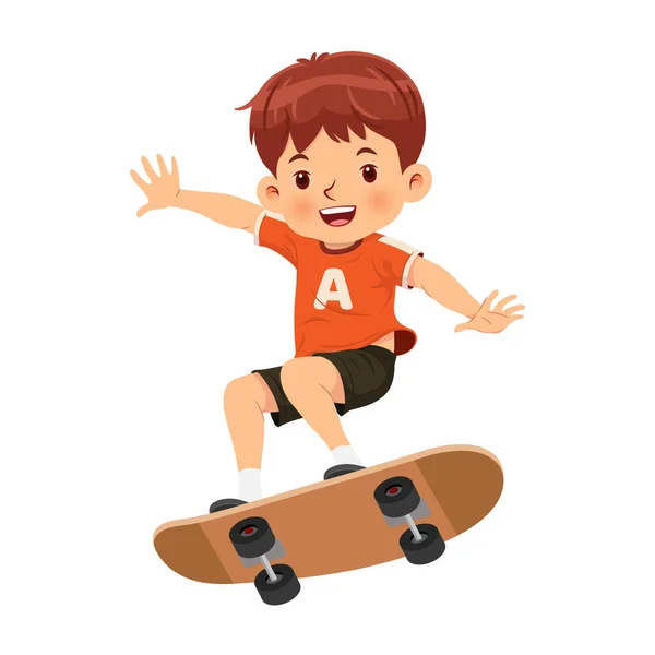 Happy Smiling Boy Has Good Time Riding Skateboard Vector Illustration — Stock Vector