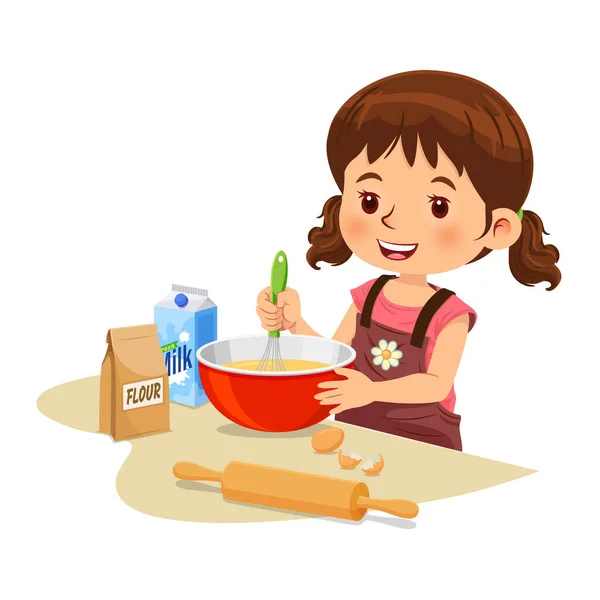 Una Niña Pequeña Delantal Está Mezclando Ingredientes Preparando Masa Tazón — Archivo Imágenes Vectoriales