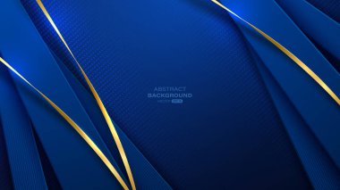 Boyut katmanları, çizgileri ve altın kurdele elementleriyle soyut mavi arkaplan