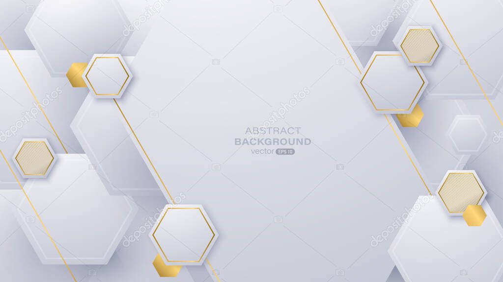Geometric white luxury background with hexagon shape and golden lines