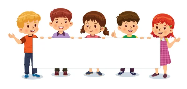 Niños Niñas Están Sosteniendo Carteles Blanco Mientras Están Pie Sonriendo — Vector de stock