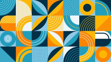 Background with circles, triangles, squares, and lines abstract geometric style. Colorful contemporary pattern