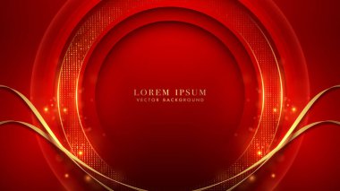 Altın çizgili, kurdeleli, ışıldayan efektli, parlak noktalı ve kırmızı arka planda bokeh elementli altın çember. Lüks tasarım konsepti