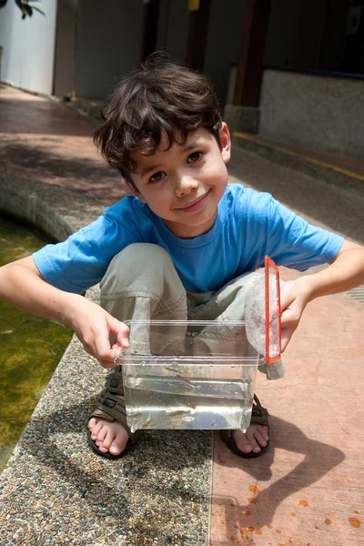 若い男の子彼がちょうどつかまえられる魚の小さな彼コンテナーを披露. — ストック写真