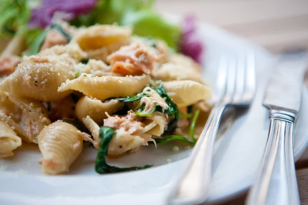 Pasta med laks, spinat og fløte, med frisk salat på siden . – stockfoto