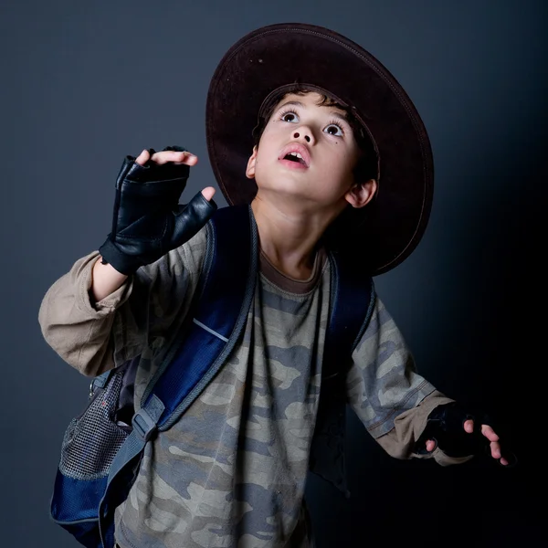 Little boy pretending to be an adventurer — Stock Photo, Image