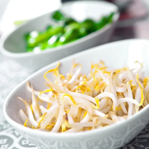 Tigelas de brotos de feijão fresco e bokchoi bebê cozido no vapor, um vegetal oriental . — Fotografia de Stock