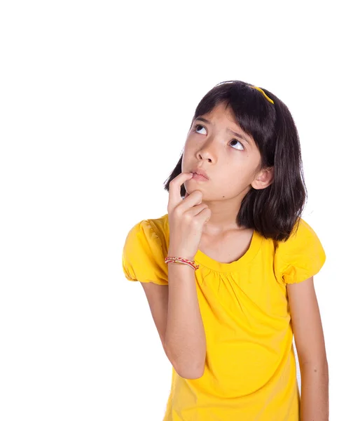 Νεαρό κορίτσι με το δάχτυλο στο στόμα, λίγο επιφυλακτικός — Φωτογραφία Αρχείου