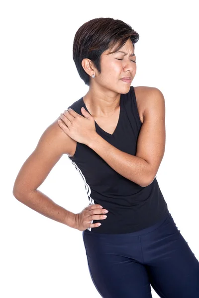 Young athletic woman suffering shoulder pain — Stock Photo, Image
