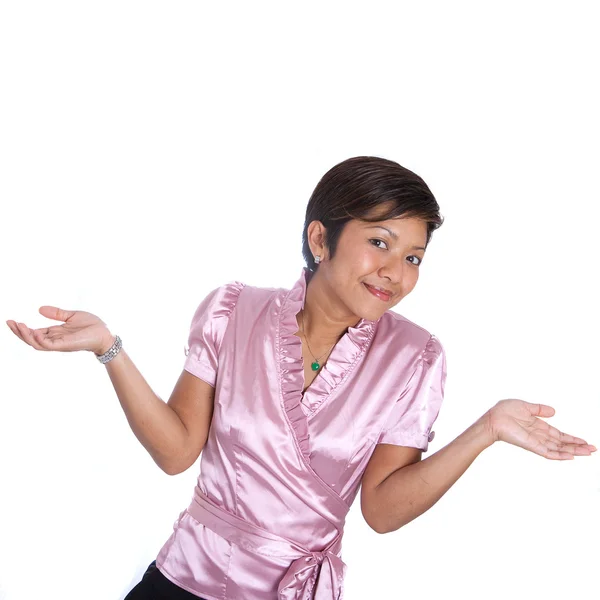 Jonge Aziatische zakenvrouw schouderophalend schouder in gebaar van twijfel. — Stockfoto