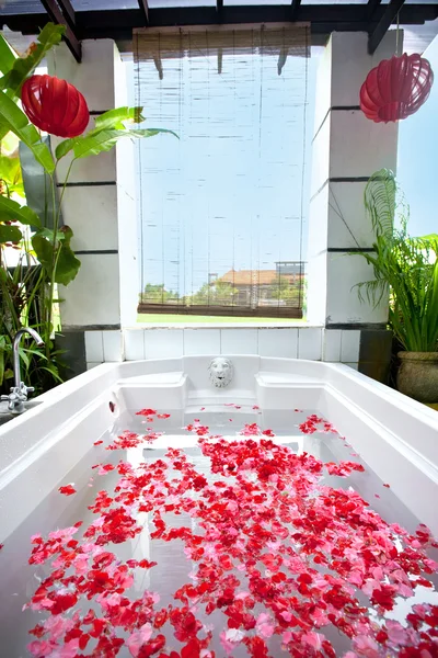 Wanna z hydromasażem pełne róży dla relaksu. — Zdjęcie stockowe