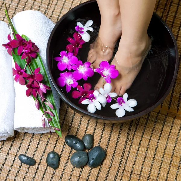 Pés femininos em tigela spa orquídea com pedras quentes — Fotografia de Stock