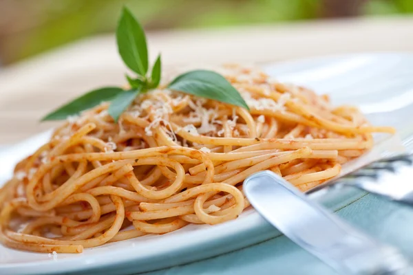 Płyta spaghetti w sosie pomidorowym — Zdjęcie stockowe