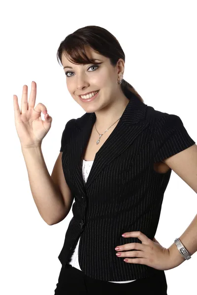 Beautiful caucasian businesswoman with OK gesture — Stock Photo, Image