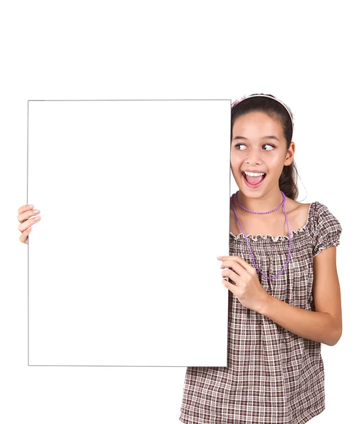 Young girl holding a blank white card for text. — Stock Photo, Image