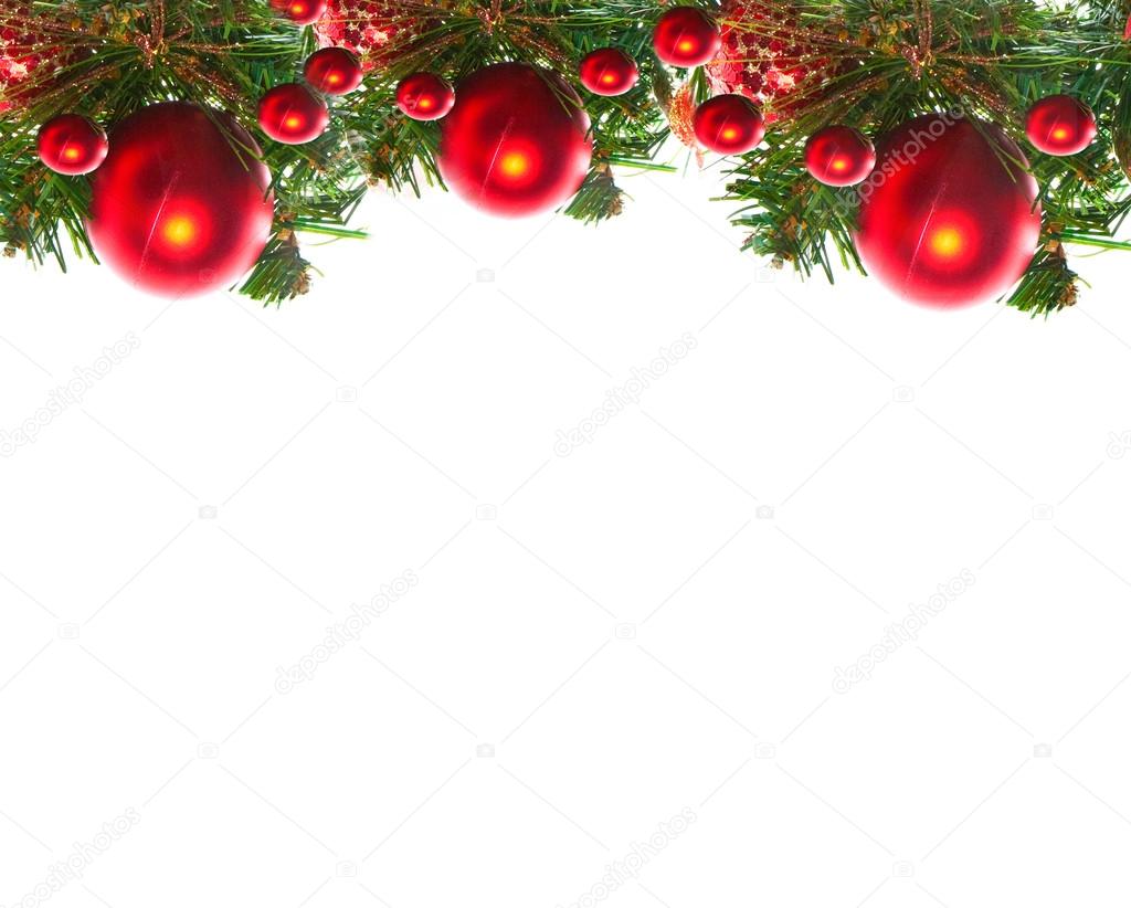 Border of red christmas garland with baubles and ribbons on white.