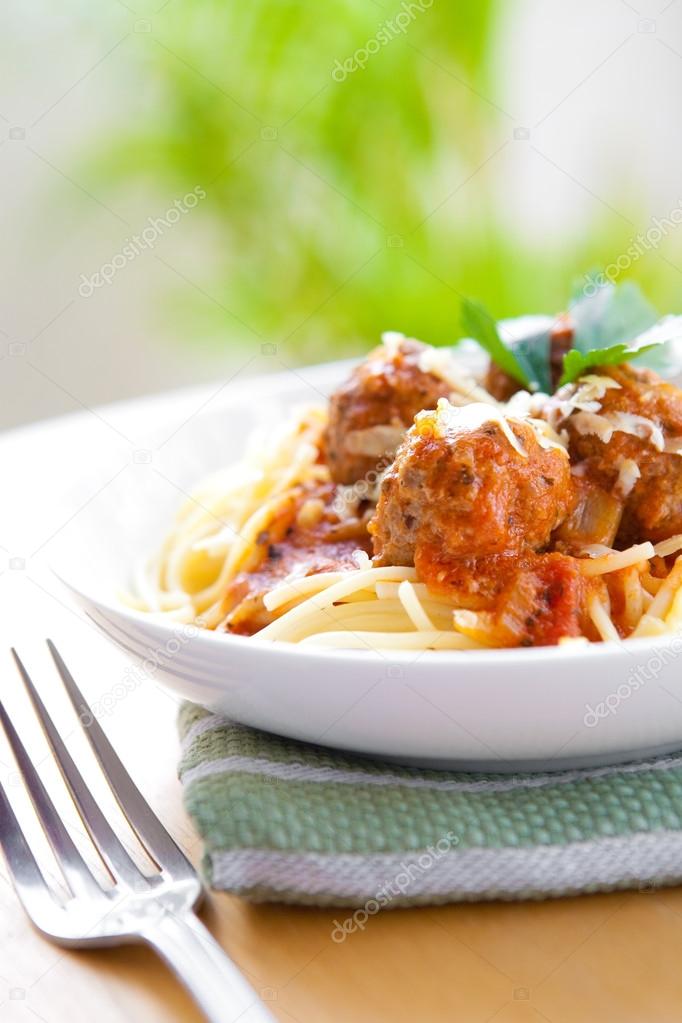 Meatball spaghetti served outdoor