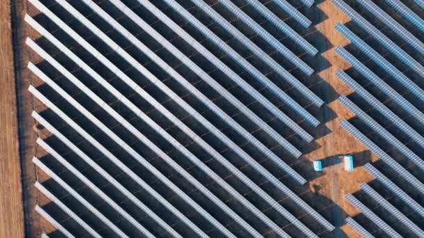 Drohnen Umkreisen Solarkraftwerk Herbstgelbes Feld Mit Reihen Von Sonnenkollektoren Bei — Stockvideo