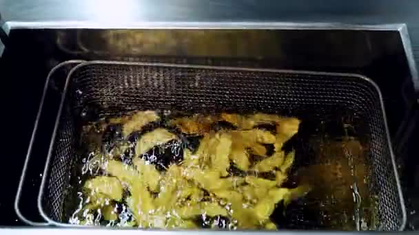 Patates Kızartmasını Yağda Kızartma Işlemi Kızarmış Patatesin Birden Fazla Parçası — Stok video