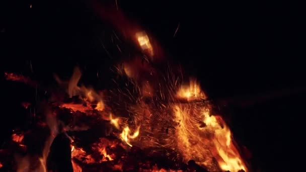 Flammendes Holz Und Funkenflug Kontrastierende Ansicht Flammender Baumstämme Vor Schwarzem — Stockvideo