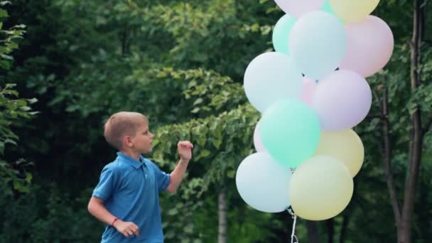 陽気で幸せな男の子が遊んでいて カラフルな風船の大きな束の近くで誕生日のために公園に飛び込んでいます — ストック動画