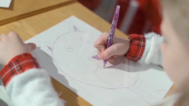소녀는 연필로 고양이를 그린다 어린이는 그림그리는 배우고 — 비디오