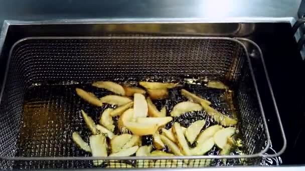 Dipping Basket French Fries Hot Sunflower Oil Bubbles Boiling Oil — Stock Video