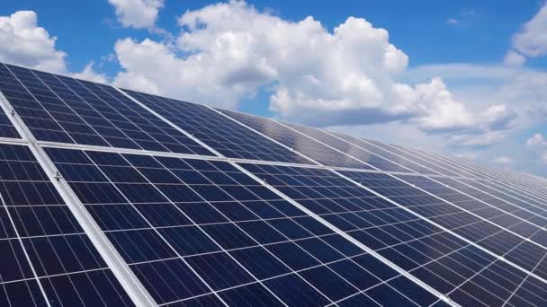 Celdas Azules Paneles Solares Instaladas Fila Una Planta Energía Solar — Vídeos de Stock