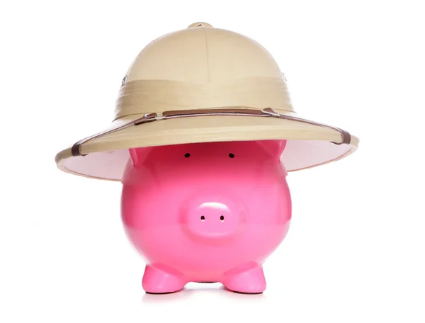 Piggy bank sobie kapelusz polowanie w Afryce — Zdjęcie stockowe